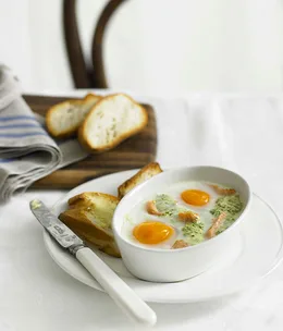 Eggs en cocotte with smoked trout