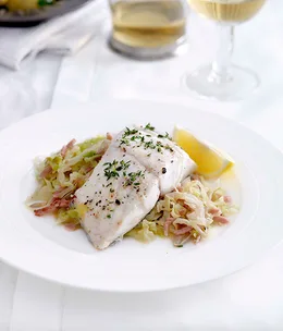 Blue-eye trevalla with bacon and cabbage