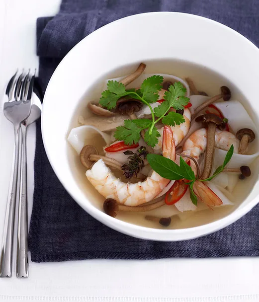 Hot and sour prawn, chicken and noodle soup