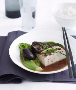 Steamed tofu, gai choy and shiitake mushrooms