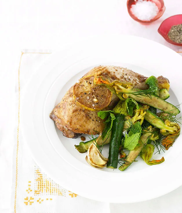 Roast lemon chicken with warm zucchini flower salad