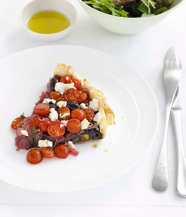 Tomato, olive and onion tart