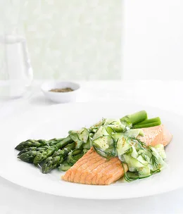 Poached trout with cucumber yoghurt salad