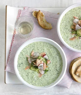 Chilled cucumber and dill soup with smoked trout