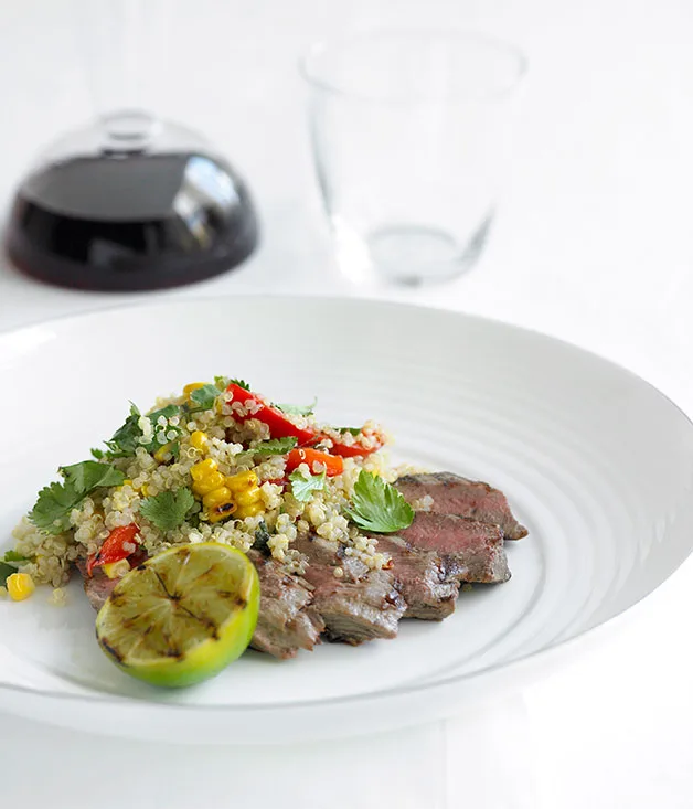 Chargrilled lamb backstraps with corn and capsicum quinoa