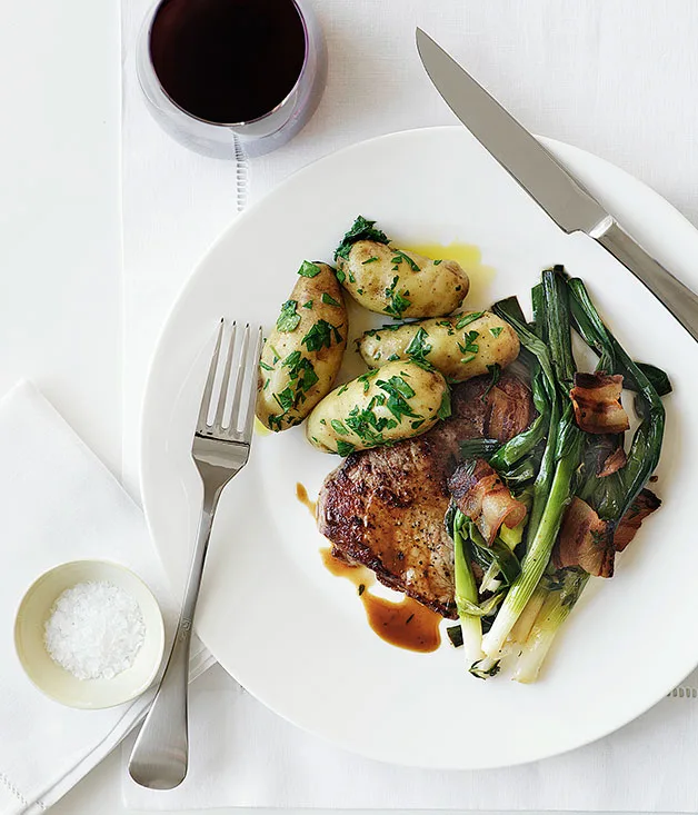 Veal with braised leek, pancetta and thyme