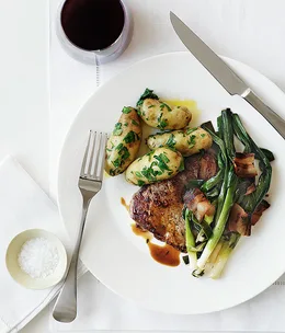 Veal with braised leek, pancetta and thyme