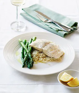 Blue-eye trevalla with lemon and fennel pilaf