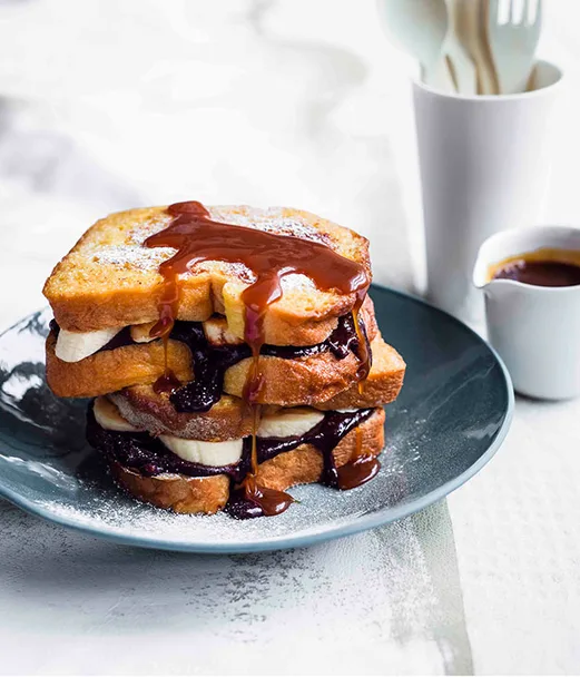 Chocolate and banana French toast with salted caramel