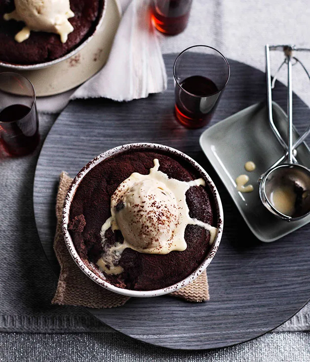 Saucy chocolate puddings with muscatel ice-cream