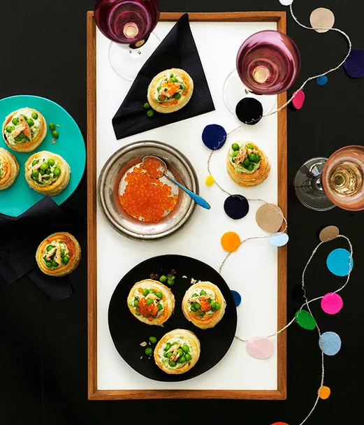Pea and smoked trout vol-au-vents with salmon roe