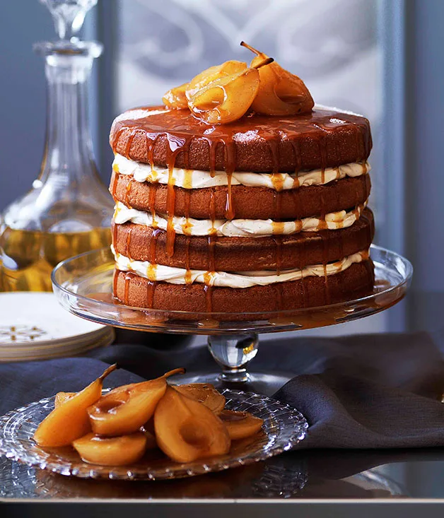 Brown sugar sponge cake with caramel pears