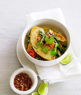 Pumpkin and snake bean curry with rice noodles