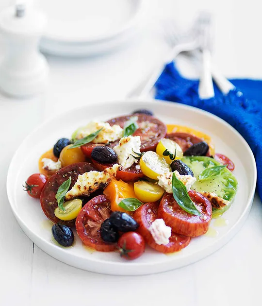 March: Heirloom Tomato Salad with Baked Ricotta and Olives