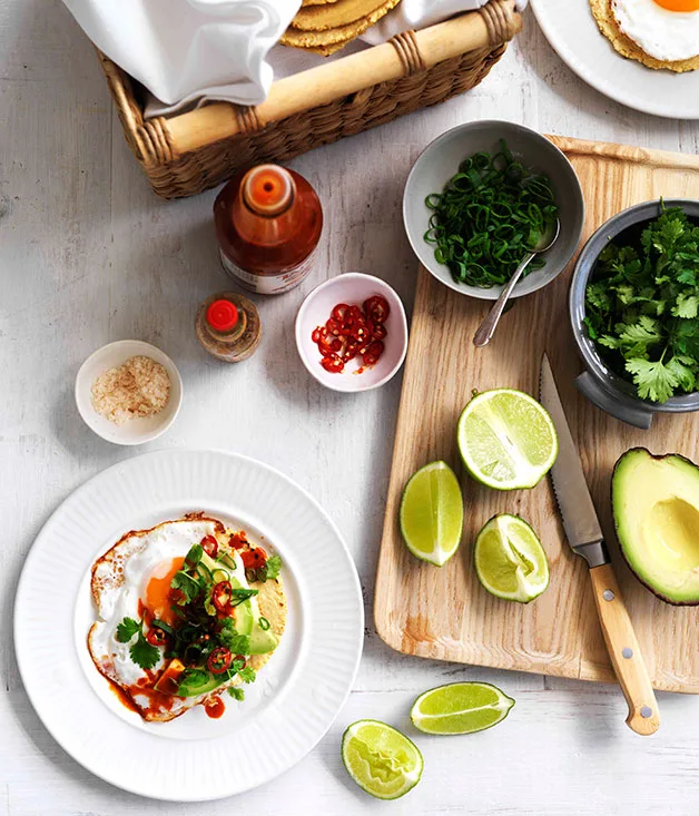 Fried egg, avocado and chilli tacos