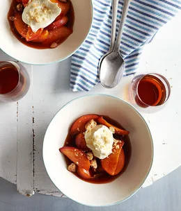 Muscat and orange glazed peaches with mascarpone and crumbled amaretti