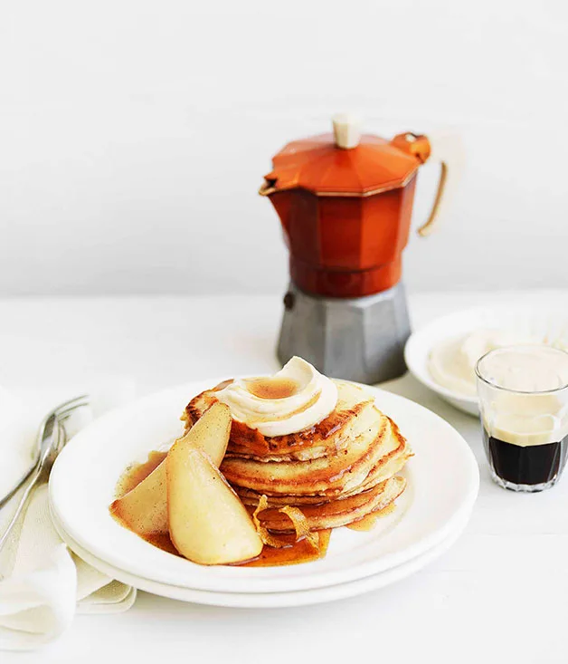 Pancakes with maple-syrup pears and spiced ricotta