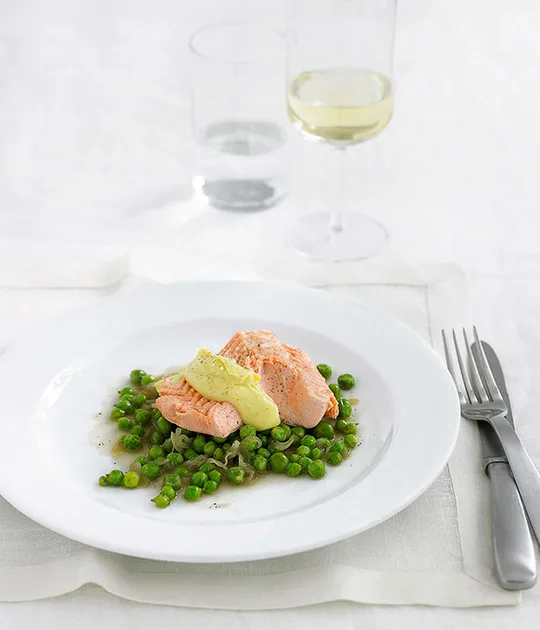 Poached Ocean Trout with Hollandaise & Peas