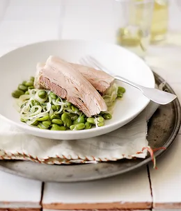 Salt-cured pork belly with broad bean ragout