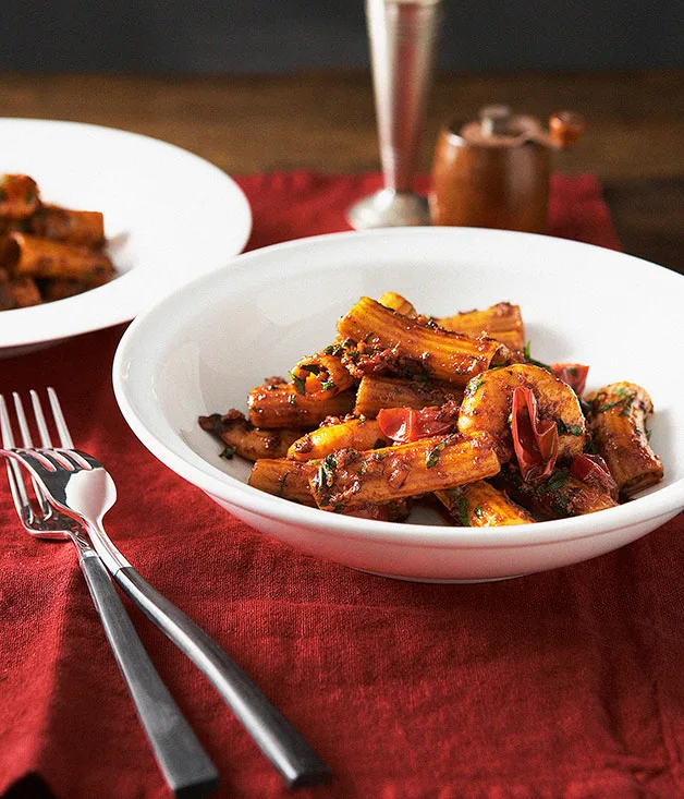 Rigatoni with nduja and prawns