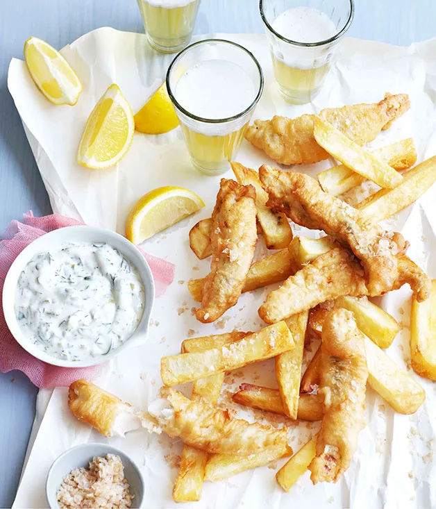 Beer-battered flathead with salt and vinegar chips