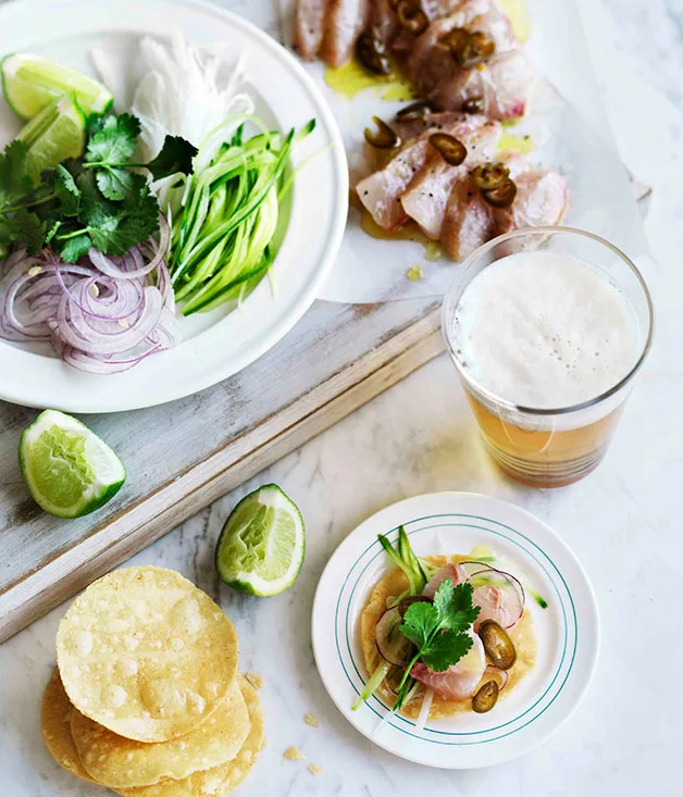 Kingfish, cucumber, jicama and pickled jalapeño tostadas