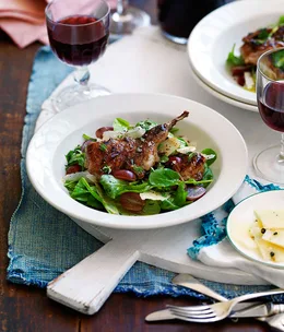 Grilled vincotto quail with grape, pecorino pepato and thyme salad