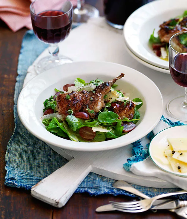 Grilled vincotto quail with grape, pecorino pepato and thyme salad