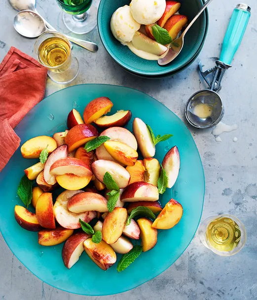 Stone fruit salad with peach and buttermilk ice-cream