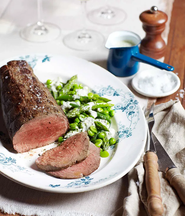 Rare roast beef with spring greens and green goddess dressing