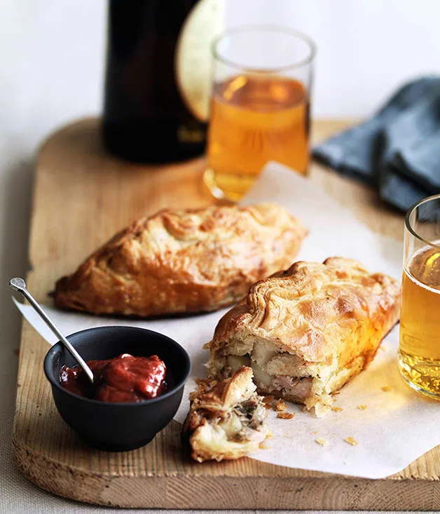 Pork, potato and rosemary pasties with rhubarb chutney