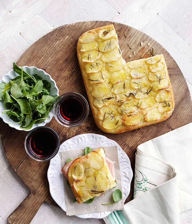 Potato and rosemary focaccia with mortadella