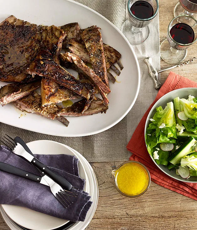 Slow-roasted lamb ribs with cucumber and Persian feta salad