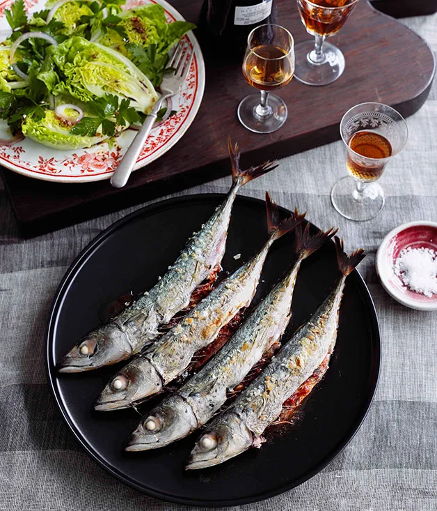 Grilled mackerel with cos heart salad