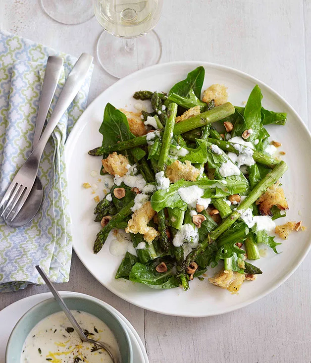 Roast asparagus, chicory and goat’s cheese salad