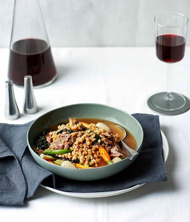 Braised pork cheeks with farro perlato