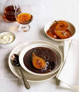 Baked chocolate cream with ginger-poached pears