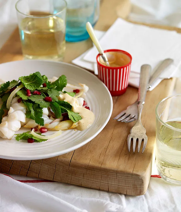 Squid with pomegranate and herb salad with Clare Valley riesling