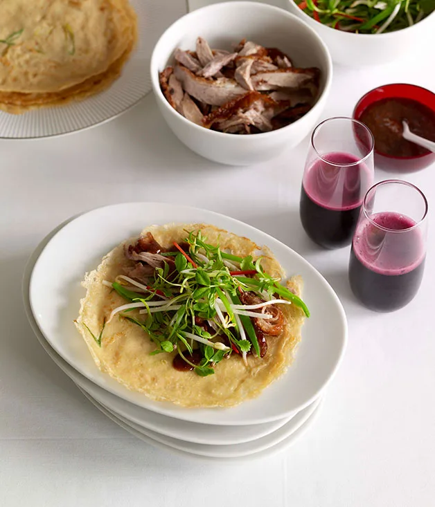 Chinese roast duck with green onion pancakes