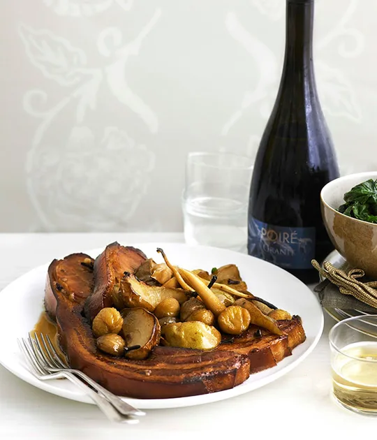 Perry-braised bacon with pears, parsnips and chestnuts | Gourmet Traveller
