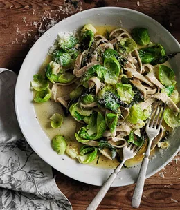 Buckwheat tagliatelle, crisp herbs, Brussels sprouts and burnt butter