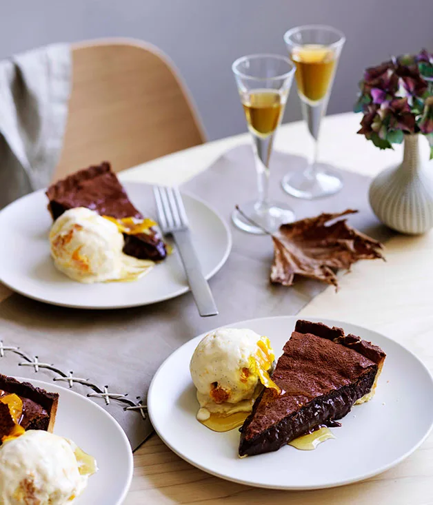 Chocolate tart with orange ice-cream