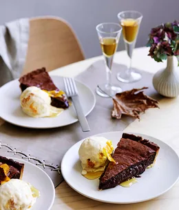 Chocolate tart with orange ice-cream