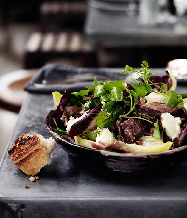 Confit duck salad with roast radish, shallot and horseradish mascarpone