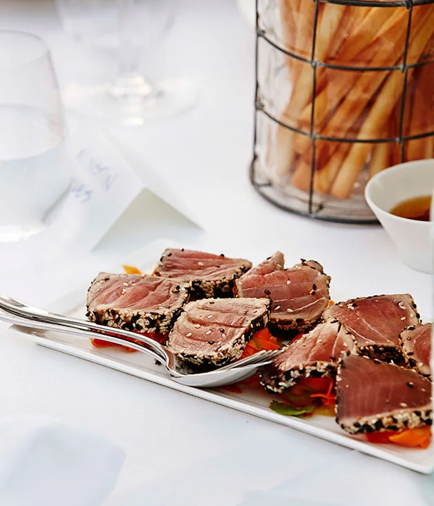Tuna tataki with carrot, cucumber and sesame wasabi dressing