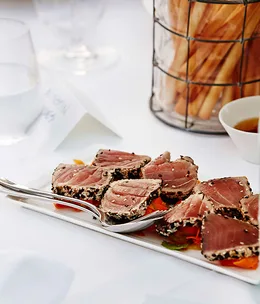 Tuna tataki with carrot, cucumber and sesame wasabi dressing
