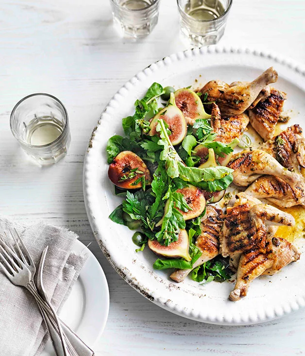 Grilled spatchcock with lardo, fig and Sicilian olive salad