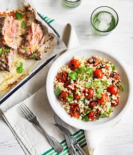 Fregola and roast tomato salad with barbecued lamb shoulder
