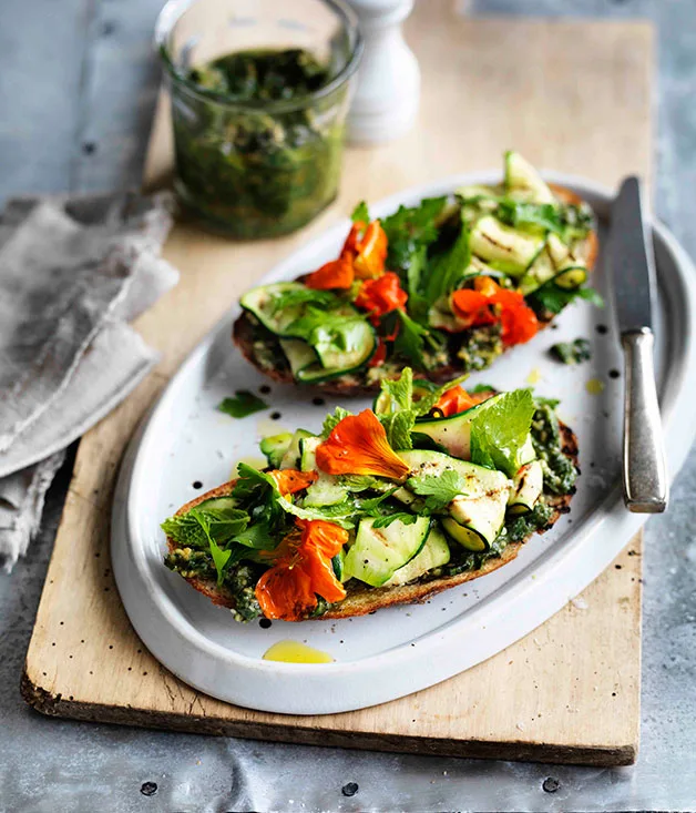 Zucchini and mint salad with pecorino pesto on bruschetta