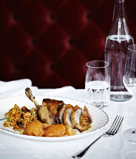 Roast duck with peaches | Gourmet Traveller